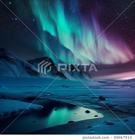 Northern lights in the sky in the arctic over the snow, beautiful natural phenomenon, magnificent landscape, beautiful background, unusual wallpaper Northern lights in the sky in the arctic over the snow, beautiful natural phenomenon, magnificent landscape, beautiful background, unusual wallpaper 99667910