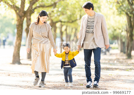 A family walking hand in hand along a tree-lined street A family walking hand in hand along a tree-lined street 99669177