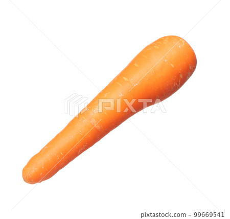 Carrot fresh full length fly in air. Beta Carotene orange color in Carrot is good health. Natural raw surface of carrot with root. White background isolated, high speed shutter 99669541