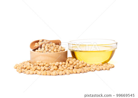 Yellow Soy Bean in wooden bowl, Vegetable Oil in glass bowl. Golden Soybean turn process to cooking oil, soy bean is healthy diet and food element cooking ingredients. White background isolated 99669545