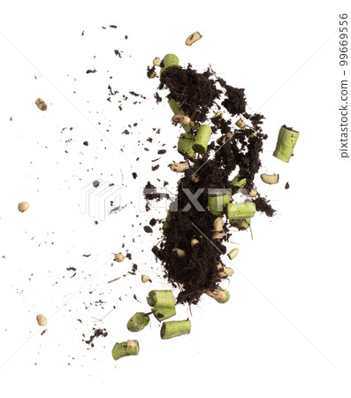 Chop Long yard bean seed mix with soil fertilizer fly fall, Cut green long beans for planting float in air. Seed slice long yard bean throw in mid air as garden. White background isolated high speed 99669556