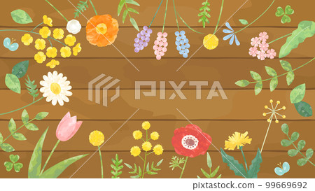 Illustration combining spring flowers such as rape blossoms and tulips with a wooden board, aspect ratio 16:9 version 99669692