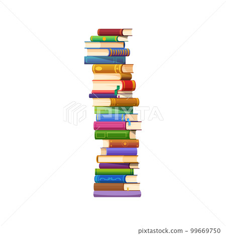 Stack of books of various colors, sizes and titles arranged neatly one on top of the other. Vector educational textbooks, academic encyclopedia or library novels or poems placed together in high tower 99669750