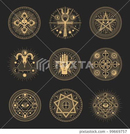 Mason signs, occult and esoteric pentagram symbols, magic tarot. Mason or witchcraft tarot seal, masonry lodge magic vector sign or with satan pentagram symbol, ankh and Eye of Providence, pyramid 99669757