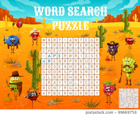 Word search puzzle, Wild West ranger, cowboy and bandit berry characters, vector quiz game. Kids word search grid worksheet with cartoon western blackberry cowboy, strawberry sheriff and cherry ranger 99669758