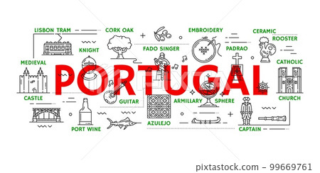 Portugal travel icons of Lisbon landmarks and Portuguese tourism vector symbols. Portugal travel and sightseeing icons of tram, castles and Lisbon rooster symbol, culture, tradition and azulejo art 99669761