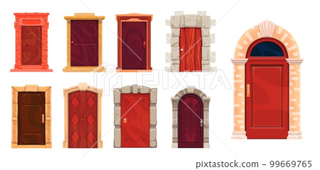 Front doors with stone doorway. Cartoon house...-插圖素材 [99669765] - PIXTA圖庫