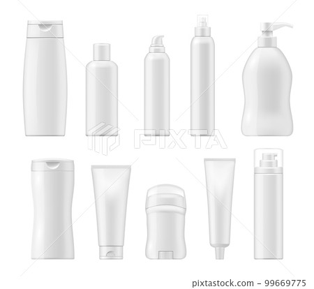 Cosmetics package mockup, realistic 3d vector cream tube and spray, liquid soap dispenser and dropper, lotion bottle. Isolated pump container, toothpaste or antiperspirant beauty cosmetic products set 99669775