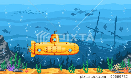 Pixel game submarine, underwater landscape. Vector pixelated background with bathyscaphe, seaweeds, sunken ship and on corals seabed. Ocean bottom with yellow sub boat on retro 8 bit art game location Pixel game submarine, underwater landscape. Vector pixelated background with bathyscaphe, seaweeds, sunken ship and on corals seabed. Ocean bottom with yellow sub boat on retro 8 bit art game location 99669782