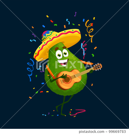 Cartoon mexican mariachi avocado character on holiday party. Cheerful folk musician artist fruit personage in sombrero playing guitar and singing on traditional Cinco de Mayo festival with confetti Cartoon mexican mariachi avocado character on holiday party. Cheerful folk musician artist fruit personage in sombrero playing guitar and singing on traditional Cinco de Mayo festival with confetti 99669783