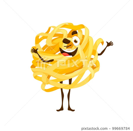 Cartoon tagliatelle pasta character. Amusing vector macaroni personage wink eye with happy smile. Tasty lively Italian food kawaii emoji, charming and lovely dinner emoticon, comical noodle Italy dish Cartoon tagliatelle pasta character. Amusing vector macaroni personage wink eye with happy smile. Tasty lively Italian food kawaii emoji, charming and lovely dinner emoticon, comical noodle Italy dish 99669784