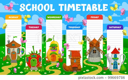 Education school timetable schedule fairytale magic houses and dwellings. Vector weekly planner frame template with cartoon teacup, strawberry, pear and boot, windmill or watering can homes on field Education school timetable schedule fairytale magic houses and dwellings. Vector weekly planner frame template with cartoon teacup, strawberry, pear and boot, windmill or watering can homes on field 99669786