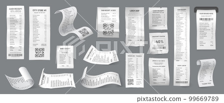 Cash receipts. Supermarket or shop purchase payment bill, banking invoice or money transaction finance 3d realistic vector document. Store order or hotel checkout, ATM and POS terminal check print Cash receipts. Supermarket or shop purchase payment bill, banking invoice or money transaction finance 3d realistic vector document. Store order or hotel checkout, ATM and POS terminal check print 99669789