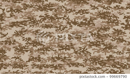 Pixel army uniform, military camouflage seamless pattern. Brown and desert sand. Military clothing material, soldier uniform masking khaki or army combat camouflage vector seamless print or background Pixel army uniform, military camouflage seamless pattern. Brown and desert sand. Military clothing material, soldier uniform masking khaki or army combat camouflage vector seamless print or background 99669790
