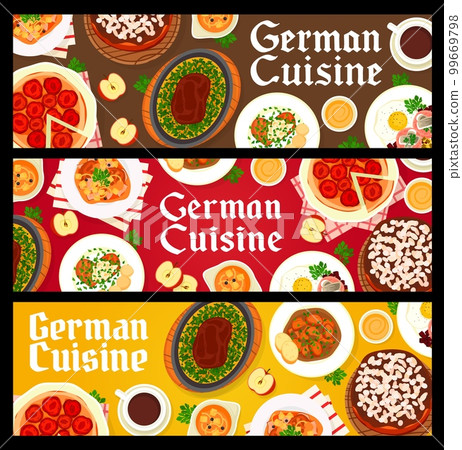 German cuisine restaurant food banners. Pork vegetable stew, pork schnitzel and Baumkuchen cake, pork beef stew, plum cake Zwetschgenkuchen and Hamburg steak, sauce, corned beef Labskaus 99669798