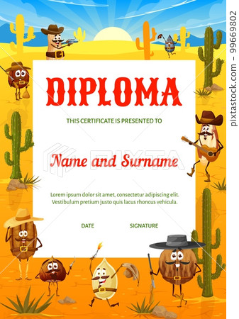 Kids diploma cartoon wild west nut cowboy, bandit and ranger characters. Education vector school certificate with peanut, macadamia, hazelnut and pecan, walnut, brazil, pumpkin and sunflower seeds 99669802