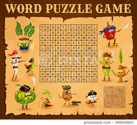 Word search puzzle game cartoon vegetable pirates and corsairs characters. Vector crossword worksheet, kids quiz grid with potato, olive, peas and corn. Pepper, kohlrabi and mushroom or daikon veggies 99669805