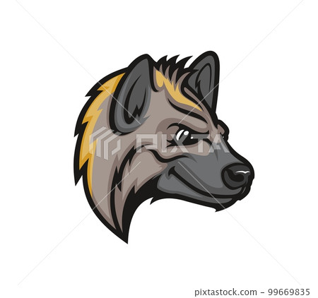 Hyena head isolated vector mascot with sly expression. Witty and courageous wild animal with cheekily smiling angry face. Isolated emblem for sport team, event and hunting club. Carnivore mammal beast 99669835