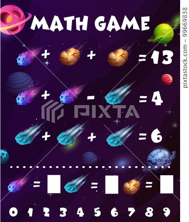 Asteroids, comets and meteors math game worksheet. Vector mathematics riddle with cartoon starry galaxy and space. Educational maze teaser, puzzle for counting and kids numeracy skills development Asteroids, comets and meteors math game worksheet. Vector mathematics riddle with cartoon starry galaxy and space. Educational maze teaser, puzzle for counting and kids numeracy skills development 99669838