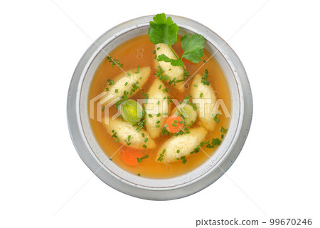Bavarian, Swabian and Austrian dish, semolina dumplings  in a vegetable broth on white background 99670246
