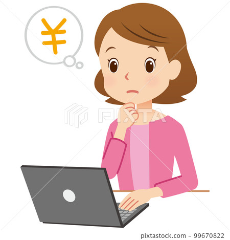 A woman who operates a personal computer, a housewife, money A woman who operates a personal computer, a housewife, money 99670822