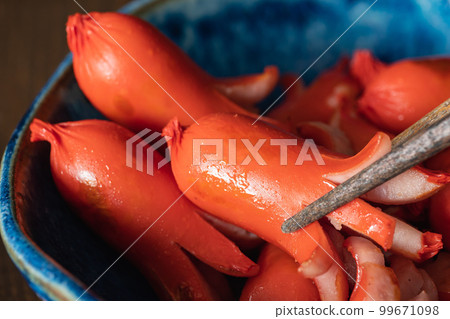 A close-up of the octopus wiener sausage made from fish sausage. A close-up of the octopus wiener sausage made from fish sausage. 99671098