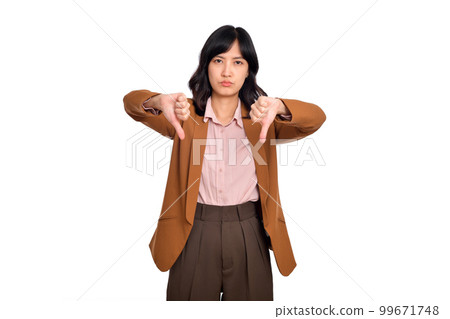 Dislike. Disgusted asian woman showing thumbs down and grimacing, commenting on smth bad, disagree, complaining, standing over white background Dislike. Disgusted asian woman showing thumbs down and grimacing, commenting on smth bad, disagree, complaining, standing over white background 99671748