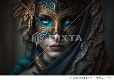 Woman face wear beautiful  masquerade mask. Carnival party festival of jewish hamantaschen costume. 99672466