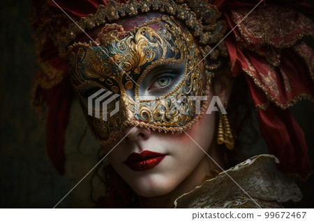 Woman face wear beautiful  masquerade mask. Carnival party festival of jewish hamantaschen costume. 99672467
