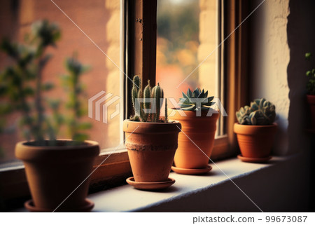 A small plant pots displayed by the window. 99673087