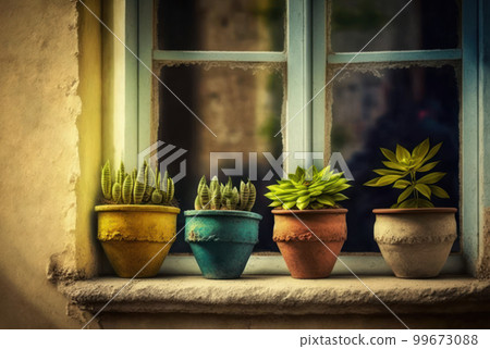 A small plant pots displayed by the window. 99673088