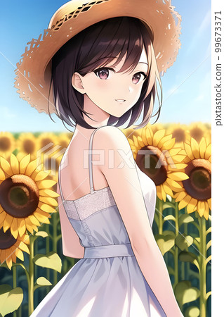 A sunflower field and a woman wearing a straw hat Midsummer 99673371