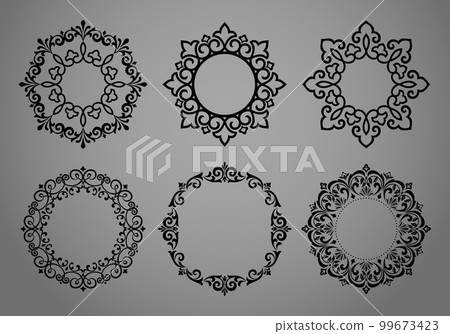 Set of decorative frames Elegant vector element for design in Eastern style, place for text. Floral black and gray borders. Lace illustration for invitations and greeting cards 99673423
