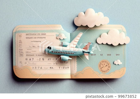 Airplane on ticket and cloud for trip and vacation background. 99673852