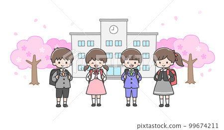 入學典禮 四名新生站在校舍前 99674211