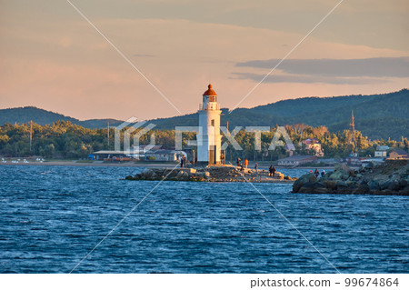 Tokarevsky lighthouse on the background of the sea. Vladivostok, Russia. 99674864