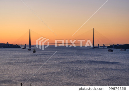 Suspended cable-stayed bridge from the mainland of the Far Eastern city to the Russian Island. The ships are in the roadstead in the Eastern Bosphorus Strait. Vladivostok, Russia. 99674866