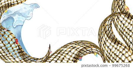 Banner of fishing net and buoy, seascape watercolor illustration isolated on white background. 99675268