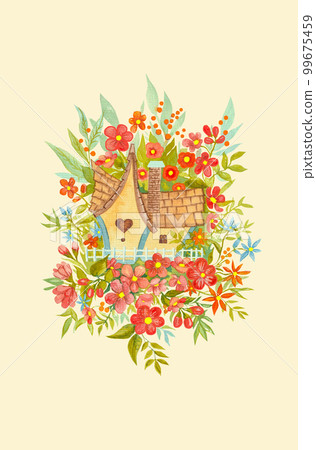 original watercolor art, fabulous cute house in red-orange colors,spring or summer composition 99675459