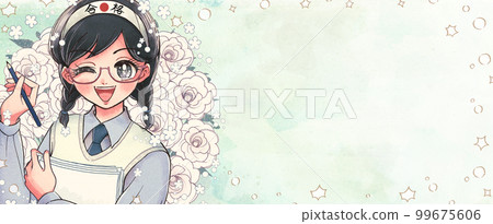 Illustration of a sparkling girl who is trying her best to take her exam 99675606