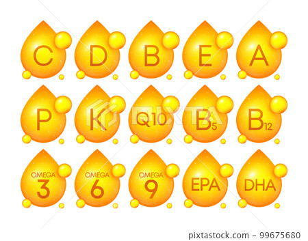 Vitamin drops set. Gelatin and Vitamin complex collection. The concept of a healthy lifestyle, nutrition. Vector illustration. Vitamin drops set. Gelatin and Vitamin complex collection. The concept of a healthy lifestyle, nutrition. Vector illustration. 99675680