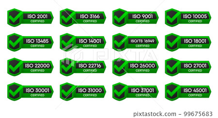 Set of International Organization for Standardization badge. Set of popular standards ISO. Certificate concept. Vector illustration. 99675683