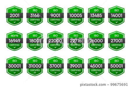Set of International Organization for Standardization badge. Set of popular standards ISO. Certificate concept. Vector illustration. 99675691