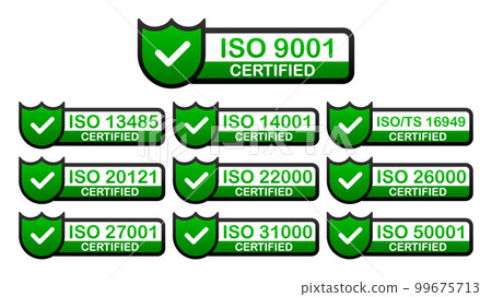 Set of International Organization for Standardization badge. Set of popular standards ISO. Certificate concept. Vector illustration. 99675713