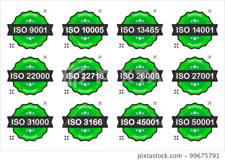 Set of International Organization for Standardization badge. Set of popular standards ISO. Certificate concept. Vector illustration. 99675791