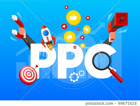 Pay Per Click concept. Paying clicking on an advertisement button. PPC business, Cpc advertising technology, sponsored listing. Marketing strategy for business promotion. Vector illustration. 99675828