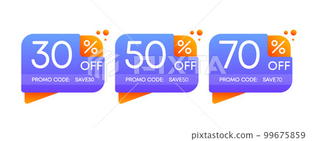 Sale discounts set. Special price offer signs. 30, 50 and 70 percent discount on goods or services. Vector illustration. Sale discounts set. Special price offer signs. 30, 50 and 70 percent discount on goods or services. Vector illustration. 99675859