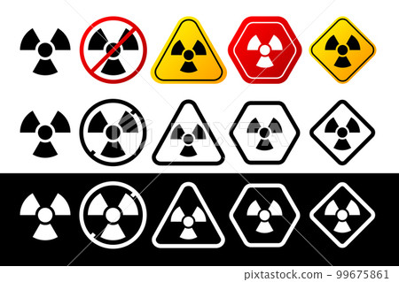 Collection of radiation signs in different color and design. Danger sign, warning sign, attention sign. Attention icon warning of danger. Vector illustration. 99675861