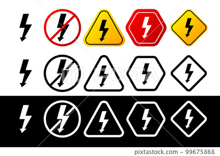 Collection of voltage warning signs in different color and design. Danger sign, warning sign, attention sign. Attention icon warning of danger. Vector illustration. 99675868