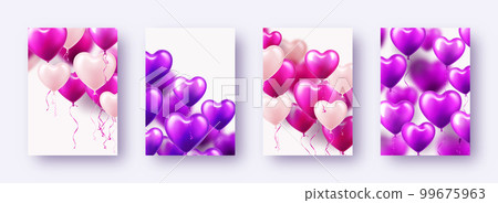 Valentine's Day banners with violet heart balloons. Wedding invitation card template, love background. Mother's Day greeting cards. Beautiful romantic banner. Vector illustration Valentine's Day banners with violet heart balloons. Wedding invitation card template, love background. Mother's Day greeting cards. Beautiful romantic banner. Vector illustration 99675963
